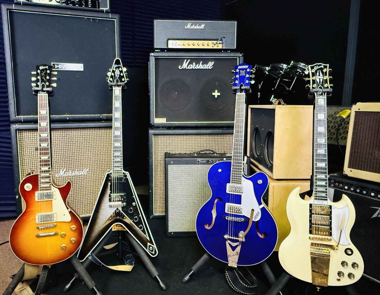 Frank Hannon's guitar collection with Marshall and Hiwatt amps in the studio