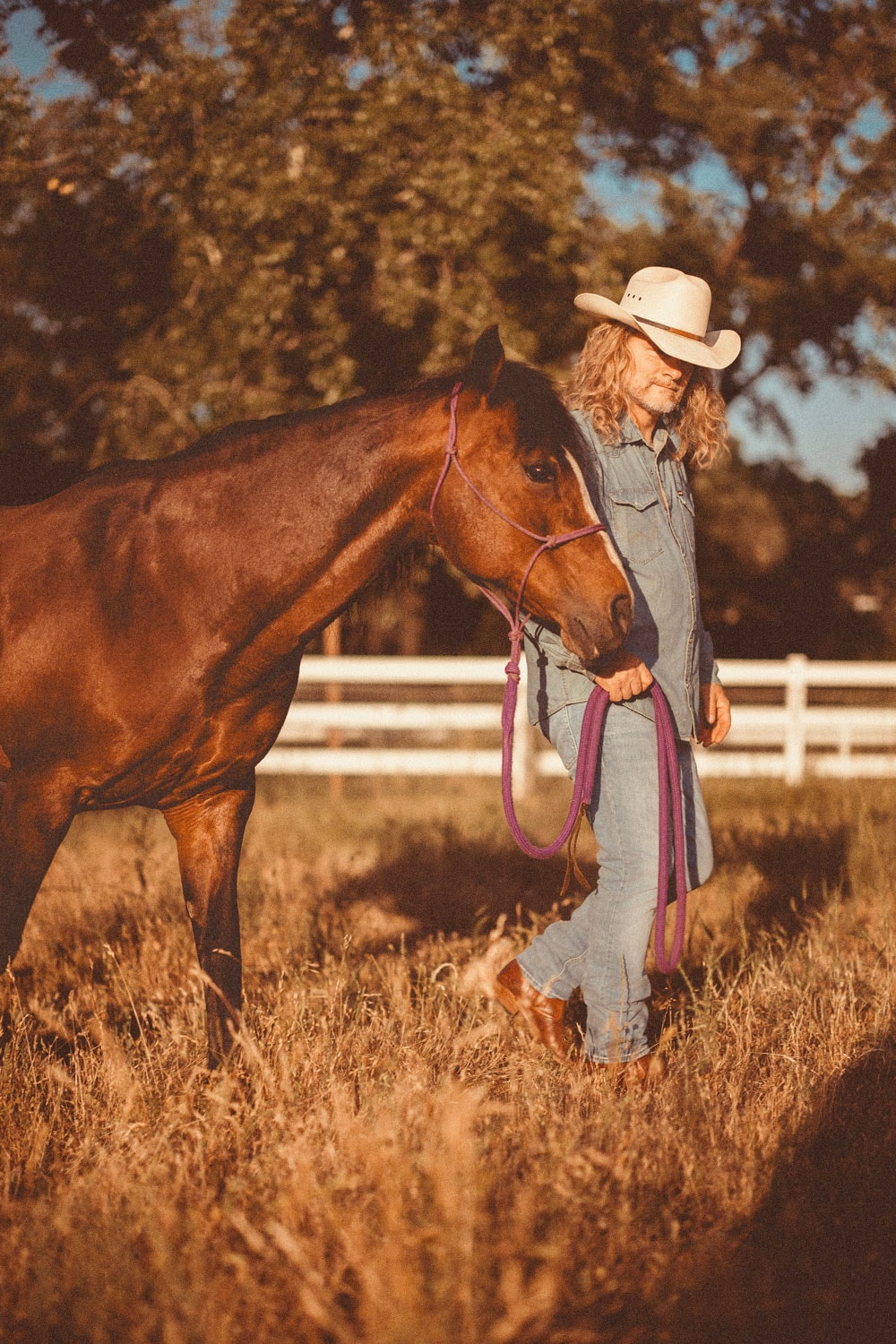 Frank Hannon walking alongside a horse at golden hour